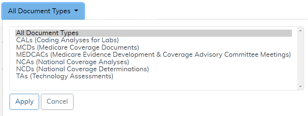 National Coverage What's New Report document type filter highlighted
