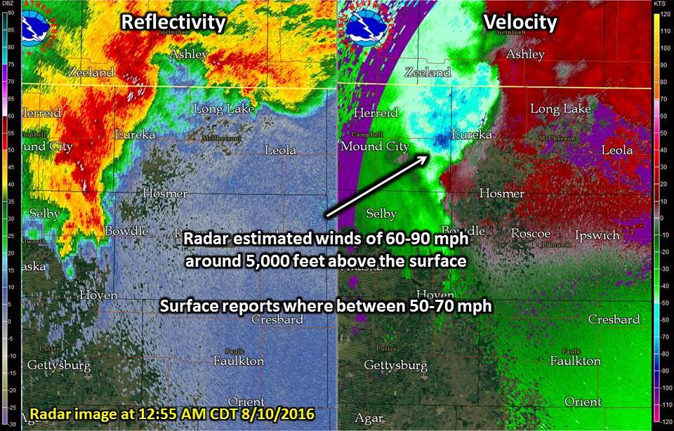 The bowing thunderstorm continuing to move east across northern SD and producing 50-70+ mph winds.Â 
