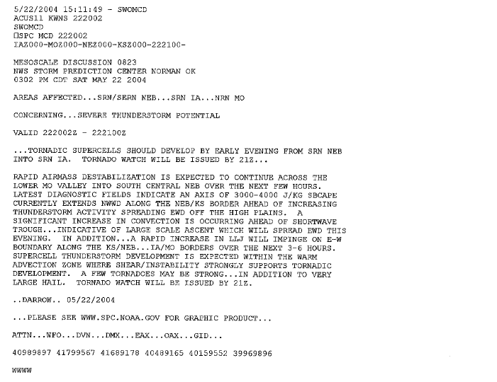 SPC Mesoscale Discussion issued at 302 PM CDT May 22nd, 2004.