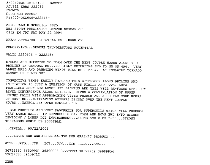 SPC Mesoscale Discussion issued at 352 PM CDT May 22nd, 2004.