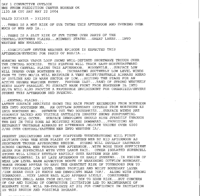 SPC Convective outlook issued at 1135 AM CDT May 22nd, 2004.