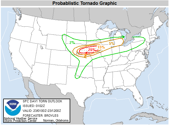 SPC Probablistic Tornado Graphic for the evening and overnight hours of May 22nd, 2004.