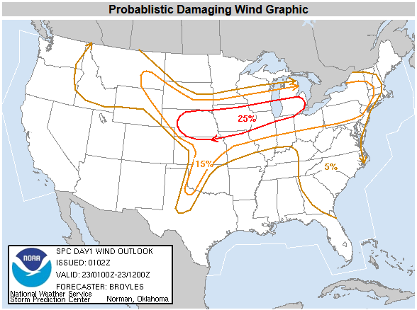 SPC Probablistic Damaging Wind Graphic for the evening and overnight hours of May 22nd, 2004.
