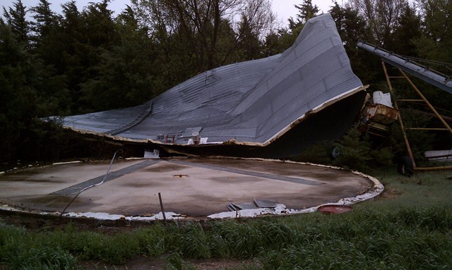 Debris blown across a field of a grain bin destroyed near Oxford, Nebraska. Photo taken by NWS Staff. 