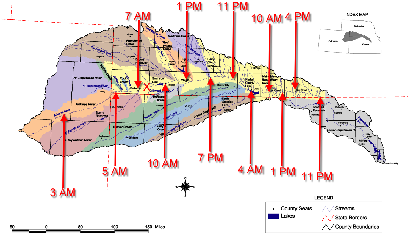 Map of peak flood crest times