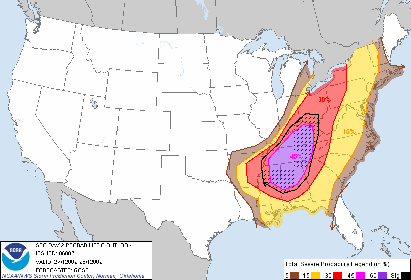 Day 2 Severe Weather probability issued at 0600 UTC on 26 April 2011