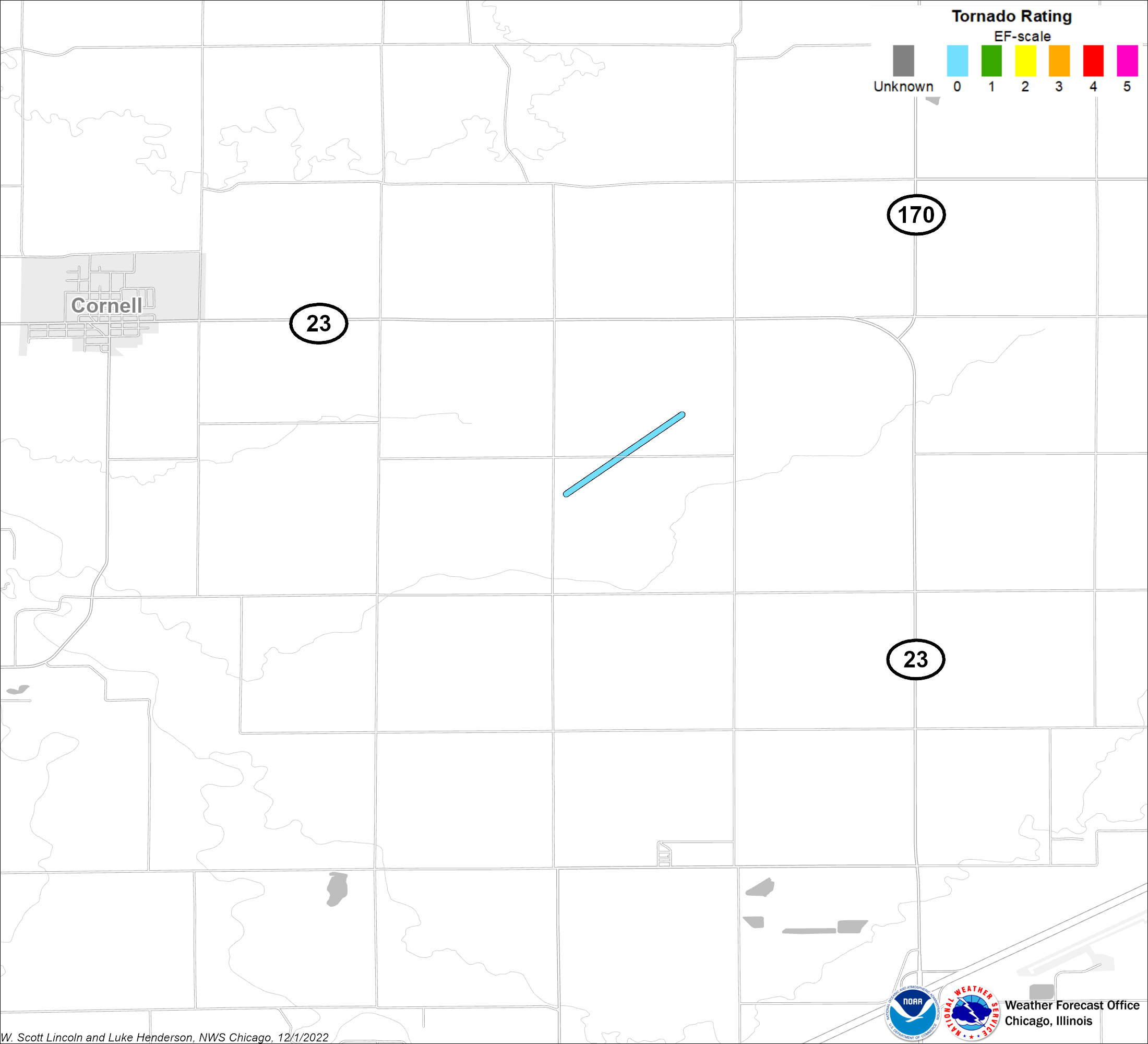 Map showing Cornell tornado track