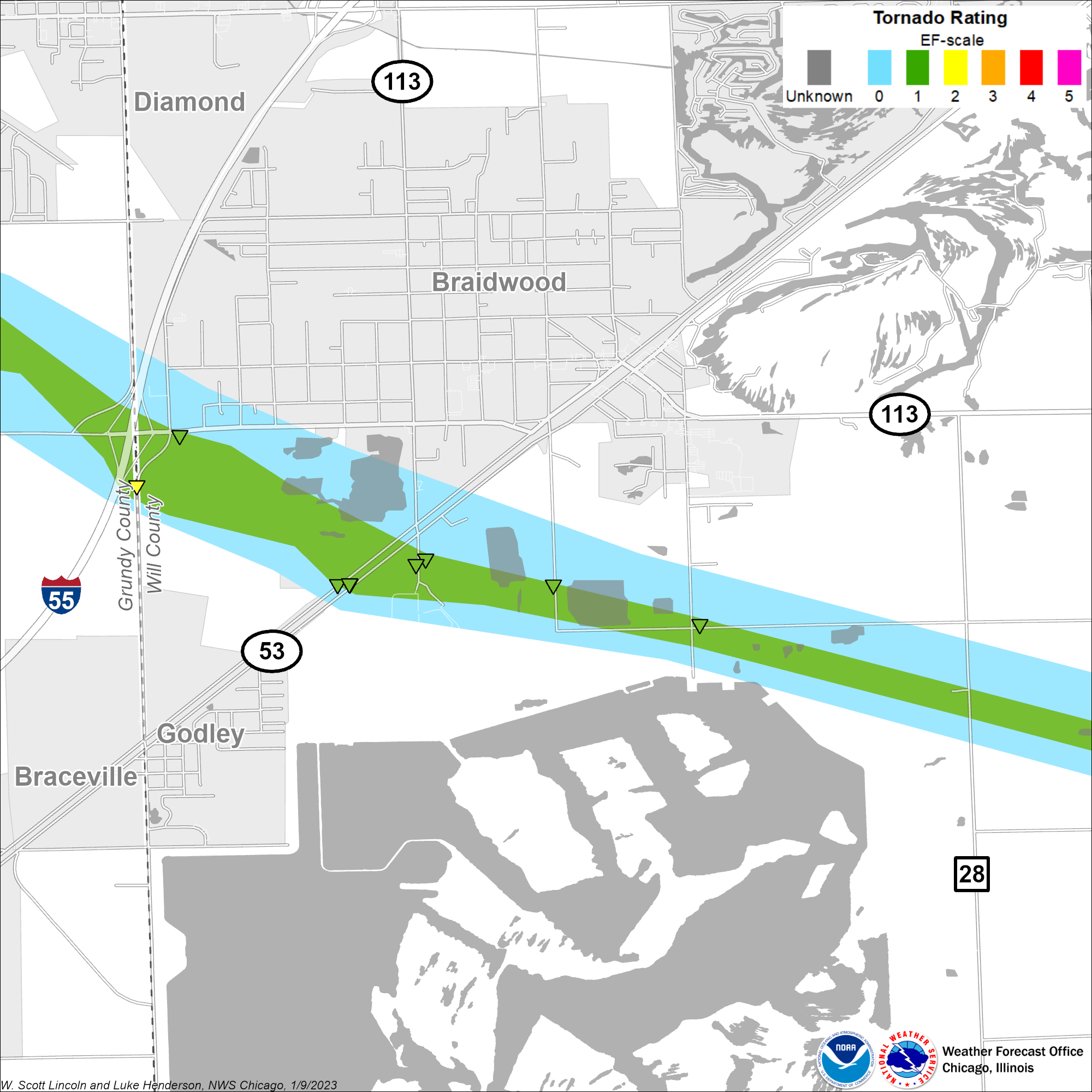 Map showing track of Coal City - Braidwood tornado, zoomed in on the Braidwood area
