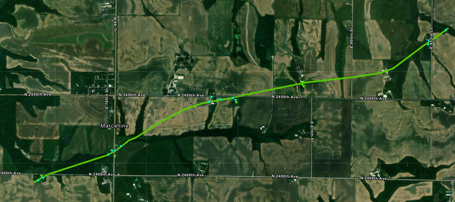 Satellite picture with track of Marcelline Illinois tornado overlaid on it.