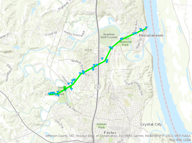 Map of Festus, MO to Herculaneum, MO tornado track
