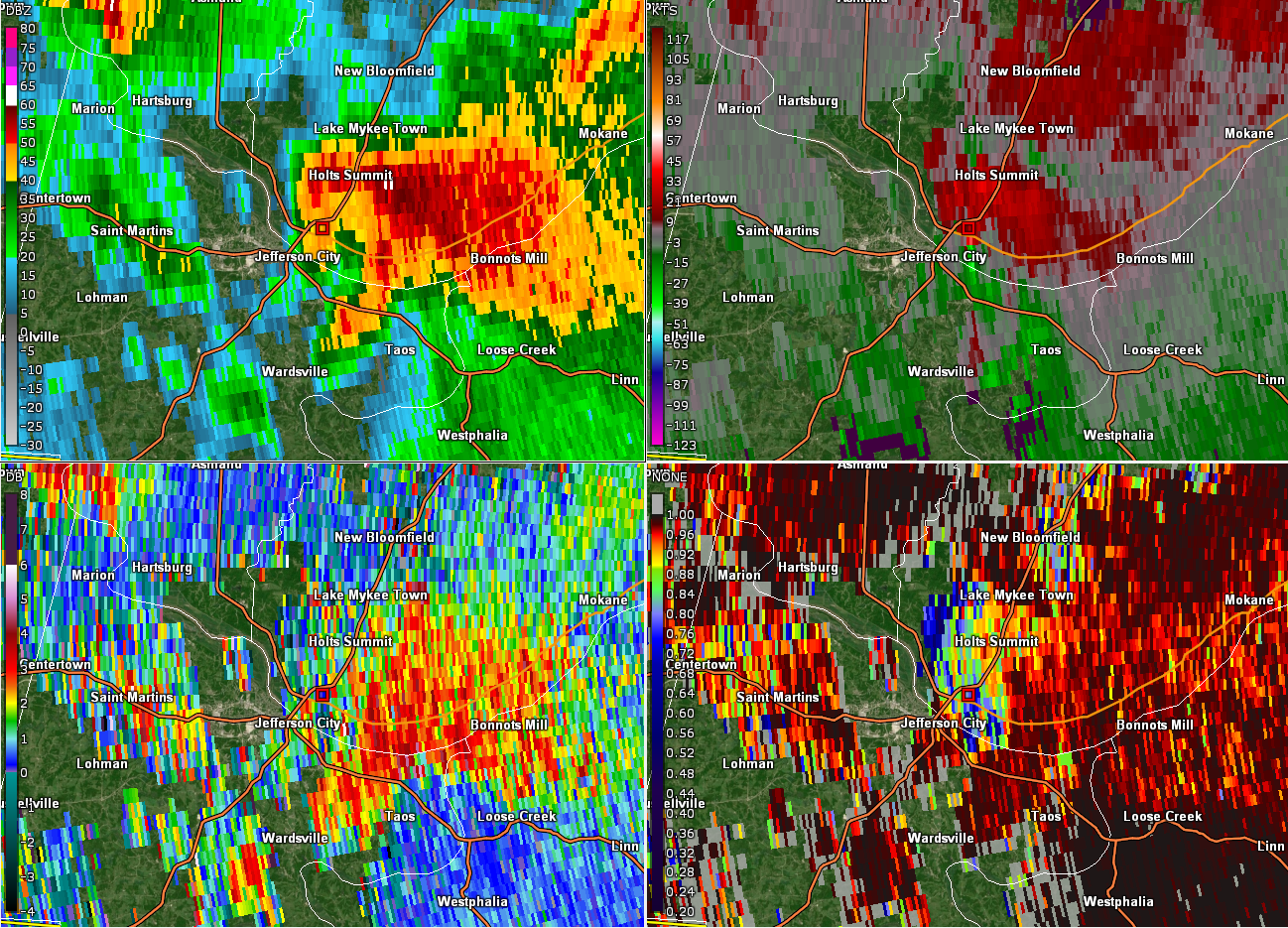 Radar four panel of tornado after crossing the Missouri River (Callaway County).