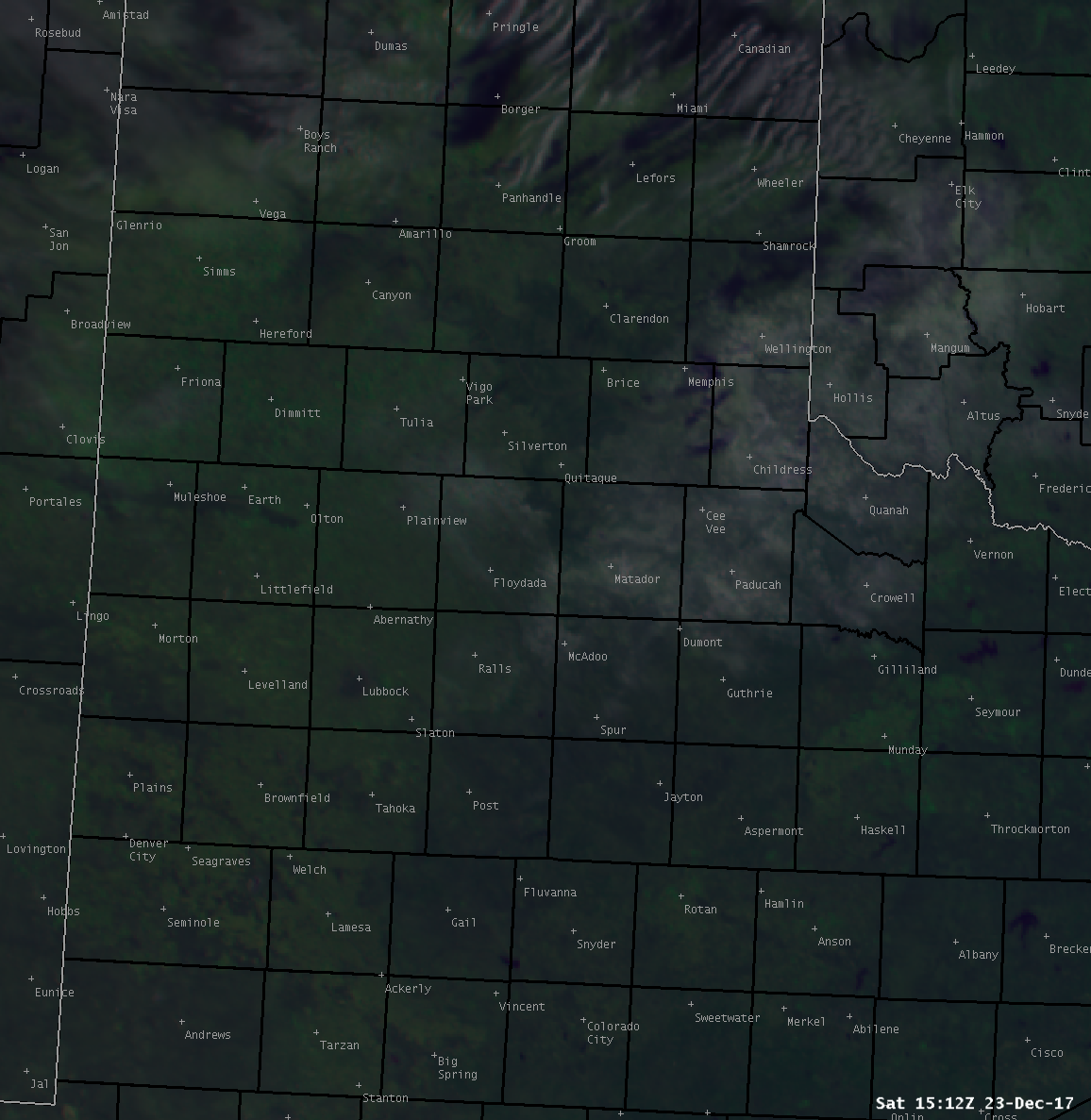 GOES-16 Daytime True(ish) Color imagery observed at 9:12 am on Saturday, 23 December 2017.