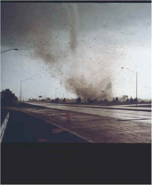 A close-up shot of the tornado, looking southeast toward Marion from the Illinois Route 13 interchange of Interstate 57.  Photo courtesy of Don Fisher, Marion businessman and resident.