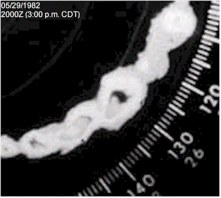 Enlarged St. Louis radar image loop of tornadic supercell in Williamson County, Illinois on 05/29/1982 between 3:00 & 3:10 p.m. CDT.