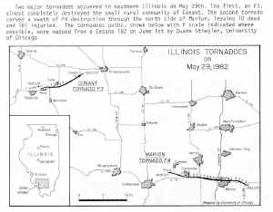 Map detailing damage paths for both the Conant F3 and Marion F4 tornadoes.