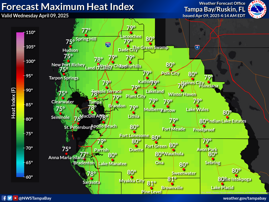 Maximum Heat Index for Day 1 across West Central Florida
