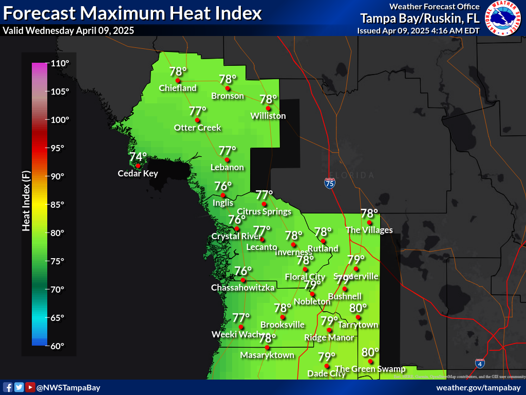 Maximum Heat Index for Day 1 across the Nature Coast