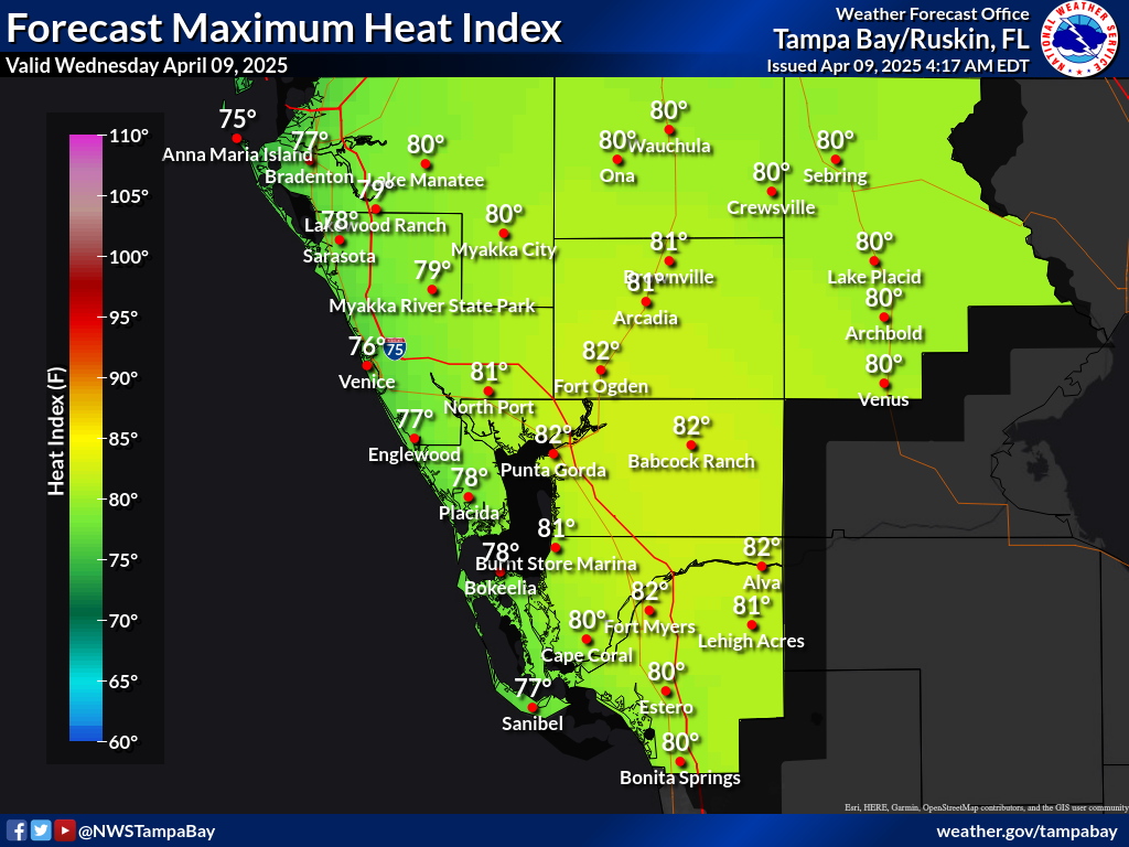 Maximum Heat Index for Day 1 across Southwest Florida