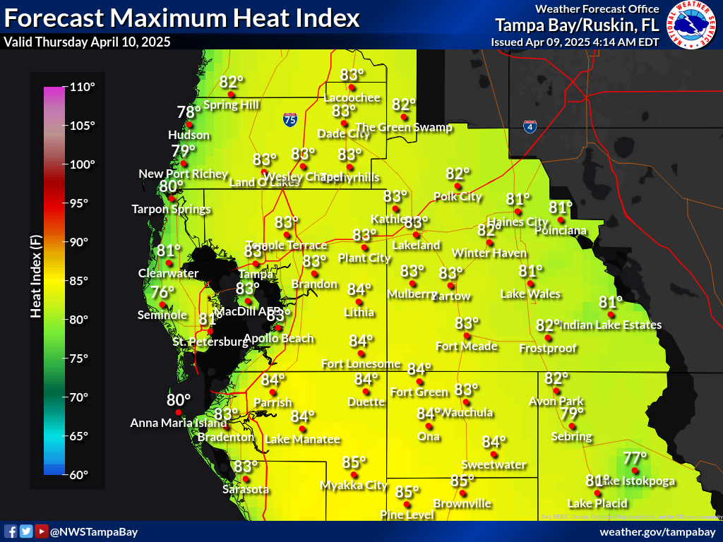 Maximum Heat Index for Day 2 across West Central Florida