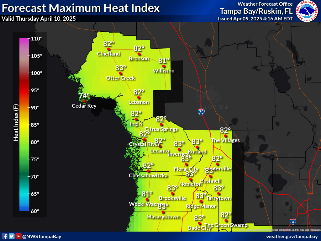 Maximum Heat Index for Day 2 across the Nature Coast