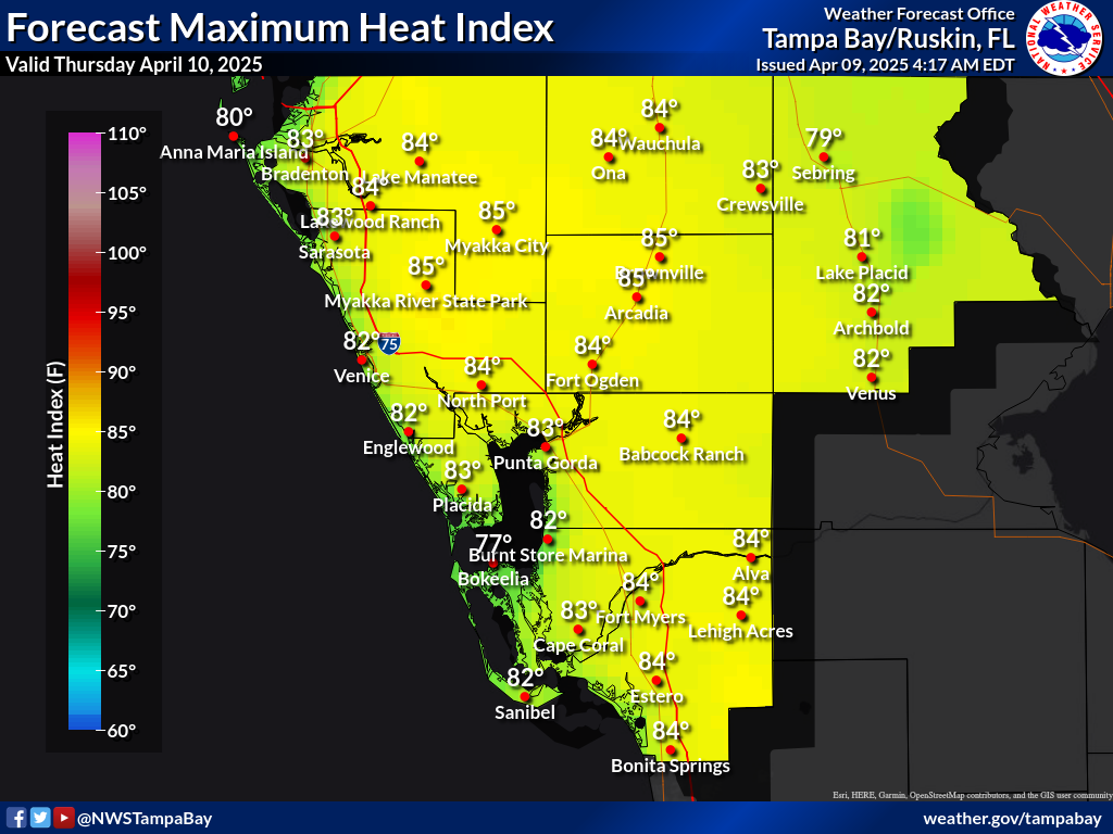 Maximum Heat Index for Day 2 across Southwest Florida