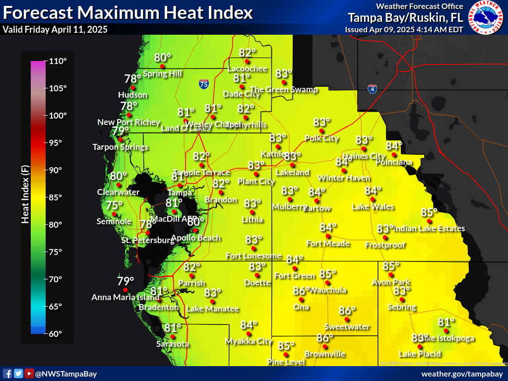 Maximum Heat Index for Day 3 across West Central Florida