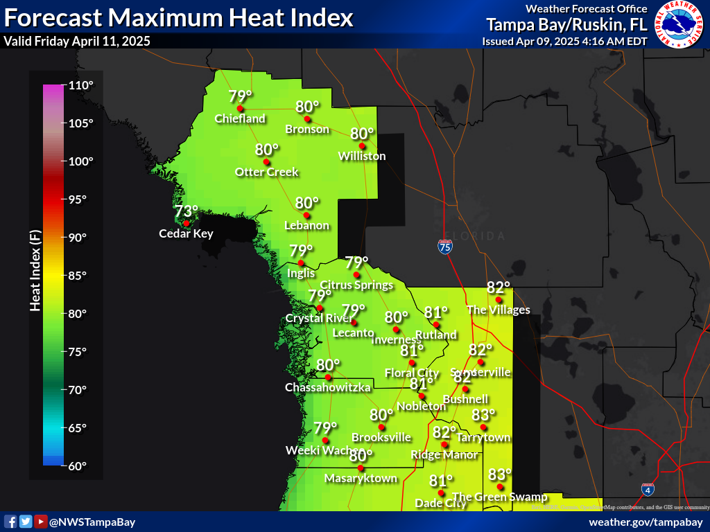 Maximum Heat Index for Day 3 across the Nature Coast