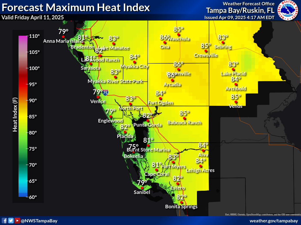 Maximum Heat Index for Day 3 across Southwest Florida