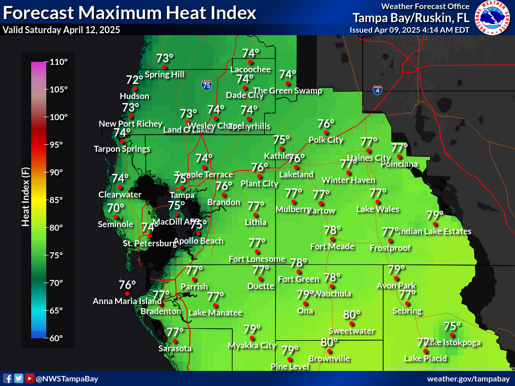 Maximum Heat Index for Day 4 across West Central Florida