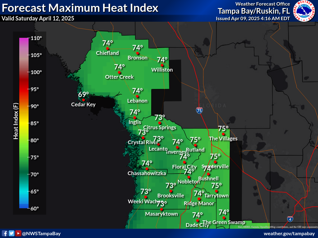 Maximum Heat Index for Day 4 across the Nature Coast