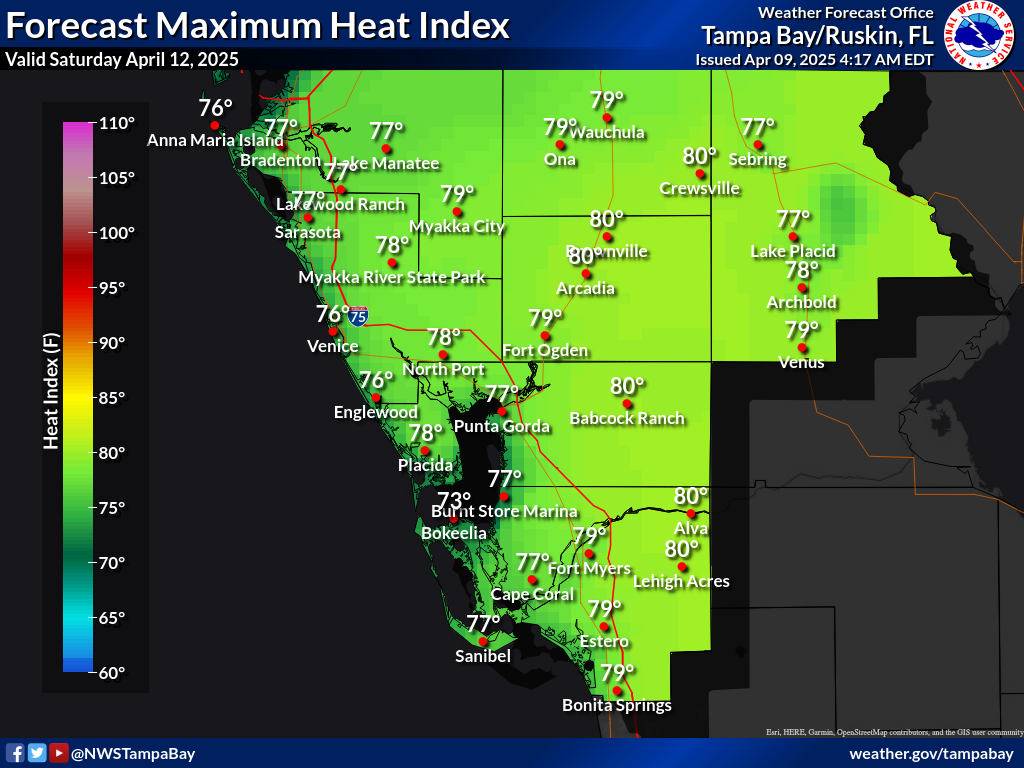 Maximum Heat Index for Day 4 across Southwest Florida