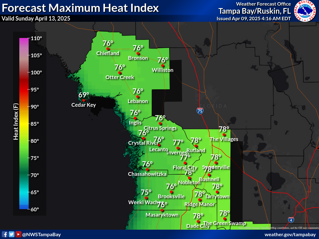 Maximum Heat Index for Day 5 across the Nature Coast