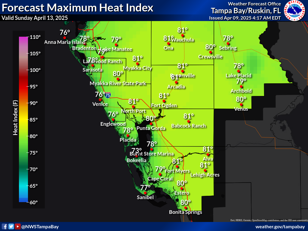 Maximum Heat Index for Day 5 across Southwest Florida
