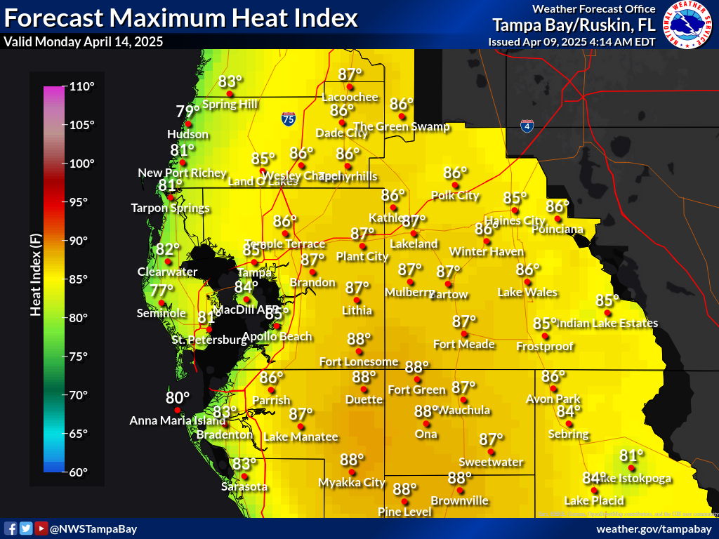 Maximum Heat Index for Day 6 across West Central Florida