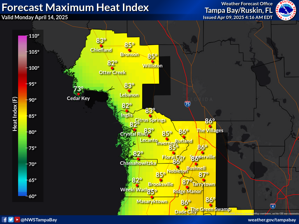Maximum Heat Index for Day 6 across the Nature Coast