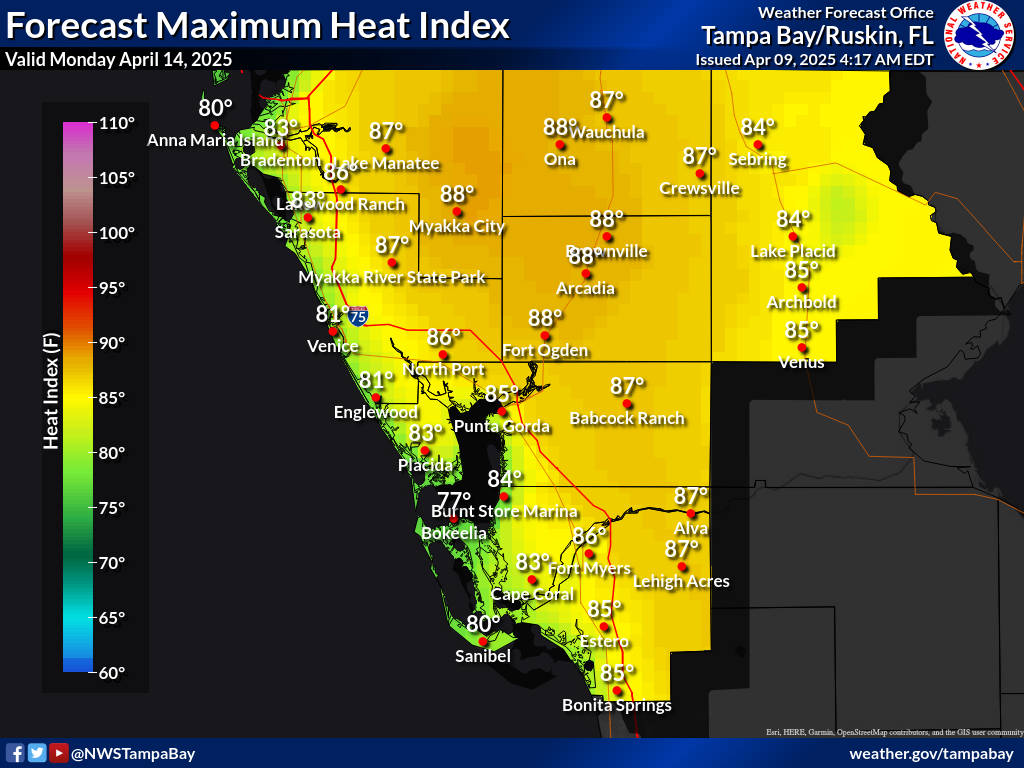 Maximum Heat Index for Day 6 across Southwest Florida