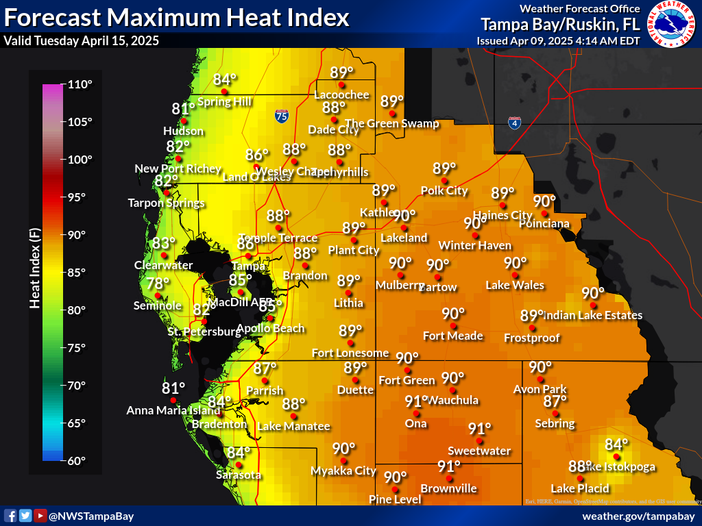 Maximum Heat Index for Day 7 across West Central Florida