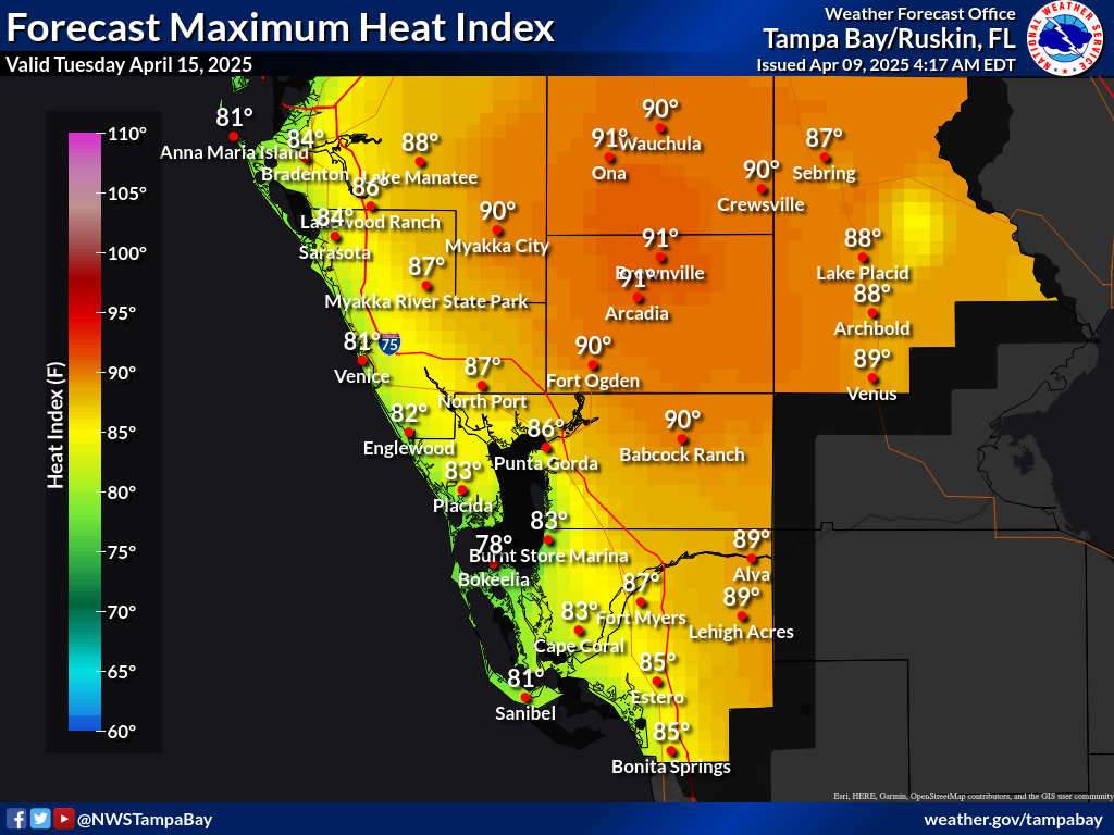 Maximum Heat Index for Day 7 across Southwest Florida