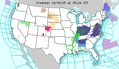 Watches, warnings, advisories and statements issued by the National Weather Service for the lower 48 states.